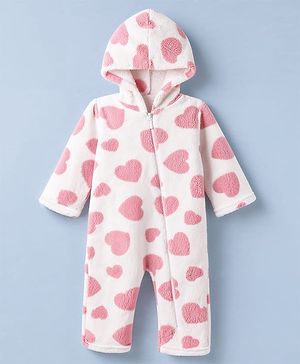 Babyhug Fur Woven Full Sleeves Hooded Winter Wear Romper With Heart Design - Pink