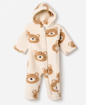 Babyhug Fur Woven Full Sleeves Hooded Winter Wear Romper With Teddy Bear Design - Cream & Brown