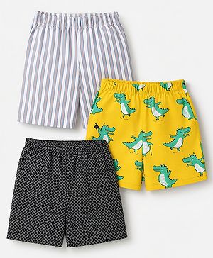 Babyhug Cotton Poplin Woven Stripped Boxers with Alligator Print Pack of 3 - Black Yellow White