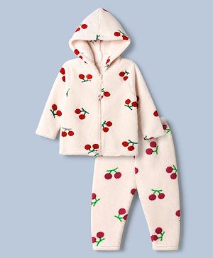 Babyhug Fur Woven Front Open Full Sleeves Hooded T-Shirt and Leggings with Cherry Print - Red & White