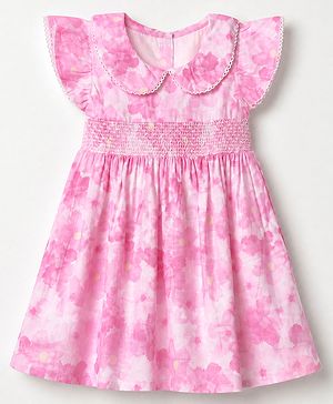 Babyhug Cotton Woven Cap Sleeves Floral Printed Smocked Frock - Pink