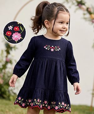 Babyhug Woven Dress with Full Sleeves and Floral Embroidery in Navy Blue