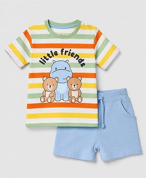 Babyhug Single Jersey Knit Half Sleeves Striped T-Shirt & Shorts Set With Bear & Text Print - Blue