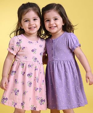 Babyhug Single Jersey Knit Frock with Half Sleeves and Floral, Polka Dot Print in Pink & Purple