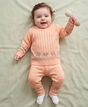 Babyhug Knit Full Sleeves Sweater Set with Heart Reindeer & Cable Knit Design - Peach