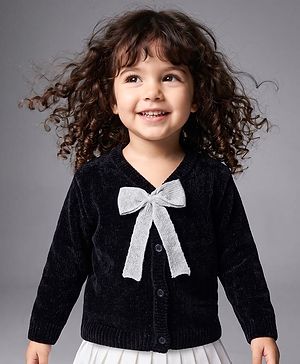 Babyhug Knit Full Sleeves Solid Front Open Sweaters With Bow Applique - Black