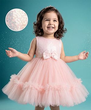 Babyhug Mesh Woven Sleeveless Sequinned Party Dress with Bow Applique & Frills - Pink