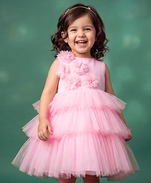 Babyhug Mesh Woven Sleeveless Layered Party Dress With Floral Corsage - Pink