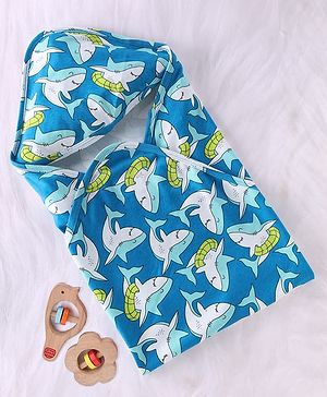 Babyhug 100% Cotton Knit Hooded Towel & Wrapper with Shark Print L 75 x B 75 cm - Blue