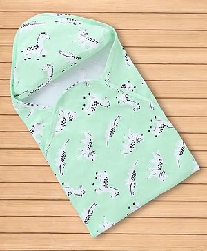 Babyhug Knit 100% Cotton Interlock Towel & Wrapper With Hood & Animal Print L 75.5 x B 69 cm - Green