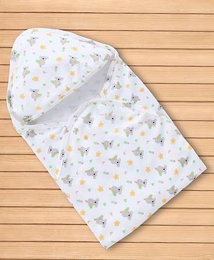 Babyhug Knit 100% Cotton Interlock Towel & Wrapper With Hood in Animal & Floral Print L 75 x B 71 cm - White