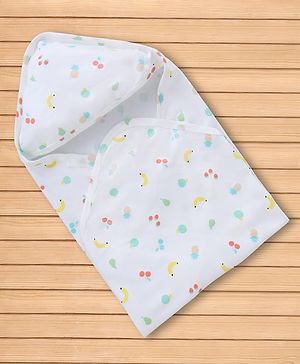 Babyhug 100% Cotton Knit Towel & Wrapper With Hood & Cherry Print L 77 x B 72 cm - White