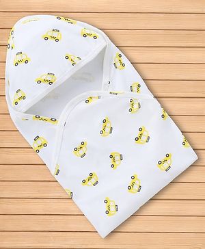 Babyhug 100% Cotton Knit Towel & Wrapper With Hood & Vehicle Print L 76 x B 70 cm - White
