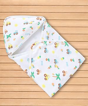 Babyhug 100% Cotton Knit Hooded Towel & Wrapper with Vegetable Fruit Vehicle Trees Print L 75 x B 75 cm - White