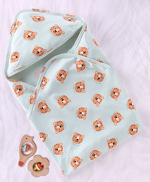 Babyhug 100% Cotton Interlock Knit Hooded Towel & Wrapper with Roarsome Tiger Print L 74 x B 68.5 cm - Light Blue
