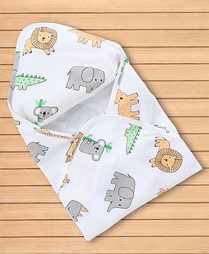 Babyhug 100% Cotton Interlock Knit Hooded Towel & Wrapper with Lion Elephant Koala Crocodile Print L 75 x B 68.5 cm - White