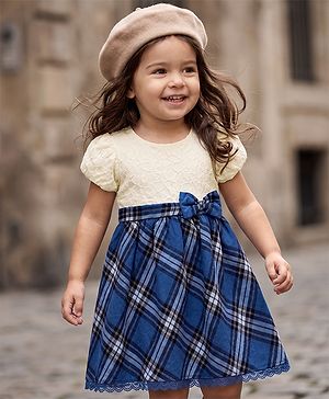 Babyhug Cotton Woven Dress with Half Sleeves and Checked Print - Blue