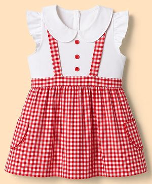 Babyhug See Sucker Woven Half Sleeves Pinafore Dress with Checked Print - Red