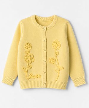Babyhug Knit Full Sleeves Solid Front Open Sweater With Floral Embroidery - Yellow