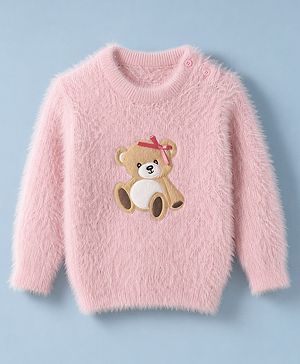 Babyhug Knit Extra Soft Hairy Eyelash Yarn Full Sleeves Solid Pullovers With Teddy Bear Patch - Pink