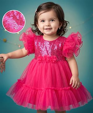 Babyhug Mesh Woven Frill Sleeves Solid Colour Sequinned Party Dress with Floral Applique -Fuchsia