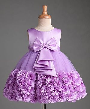 Babyhug Mesh Woven Sleeveless Solid Colour Party Dress with Floral Corsage & Bow Applique - Lavender
