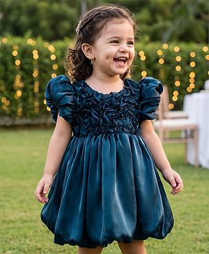 Babyhug Organza Woven Half Sleeves Floral Applique Party Dress - Teal Blue