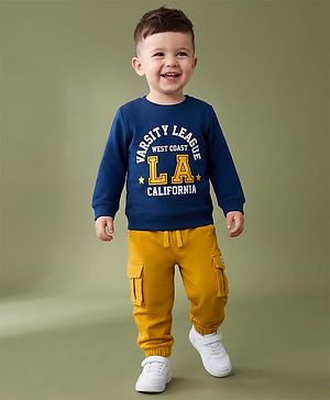 Babyhug Terry Knit Full Sleeves Text Printed T-Shirt & Jogger Set - Navy Blue & Yellow