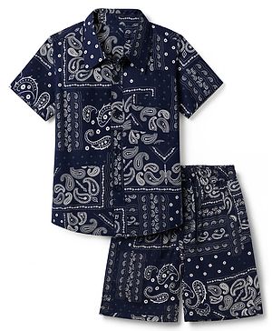 Babyhug Knit 100% Cotton Woven Half Sleeves Co-ords Shirt & Shorts With Paisley Print - Blue