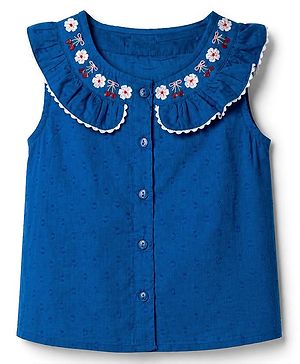 Babyhug 100% Cotton Woven Sleeveless Top With Floral Embroidery - Blue