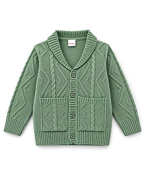 Babyhug Knit Front Open Sweater with Full Sleeves & Cable Knit Design in Green