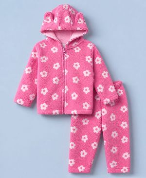 Babyhug Woven Full Sleeves Co-ord Hooded Sweater and Pant Winter Set with Floral Print - Pink