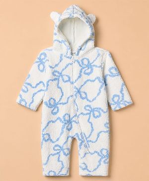 Babyhug Fur Woven Full Sleeves Hooded Printed Winter Wear Romper - White & Blue