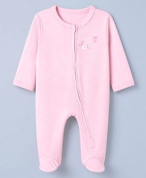 Babyhug Cotton Knit Full Sleeves Sleep Suit with Little and Loved Text & Floral Polka Dots Print - Pink