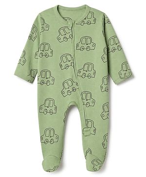 Babyhug 100% Cotton Knit Full Sleeves Sleepsuit with Car Print - Green