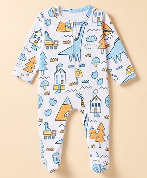 Babyhug 100% Cotton Knit Full Sleeves Sleepsuit with Dinosaur Truck & Tropical Print - White