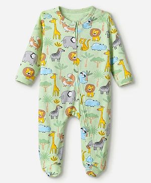 Babyhug Cotton Knit Full Sleeves Sleep Suit with Elephant Fox Lion Tiger Zebra Hippo Trees Print - Light Green
