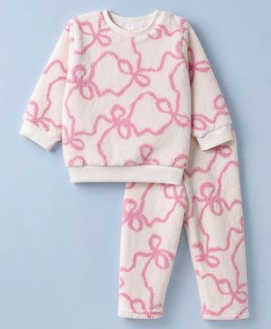 Babyhug Fur Woven Full Length Printed Winter Wear Co-Ords Suit - Pink