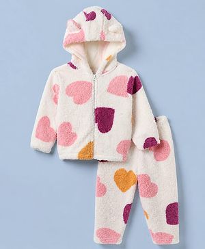 Babyhug Fur Woven Full Sleeves Hooded Winter Wear Co-Ords Set With Heart Print - Pink