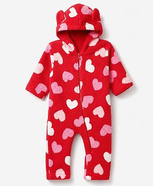 Babyhug Fur Woven Full Sleeves Winter Wear Hooded Romper With Heart Design - Red