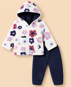 Babyhug Fur Woven Full Sleeves Hooded Winter Wear Suit With Floral Print - White