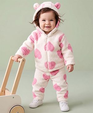 Babyhug Fur Woven Winter Wear Co-ords Suit with Full Sleeves and Hearts Design - Pink & White