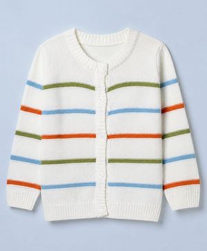 Babyhug Knit Front Open Sweater with Full Sleeves and Stripes Design in White for 6-9 Months