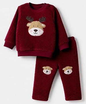Babyhug Fur Woven Full Sleeves Winter Wear Suits With Reindeer Detailing - Maroon