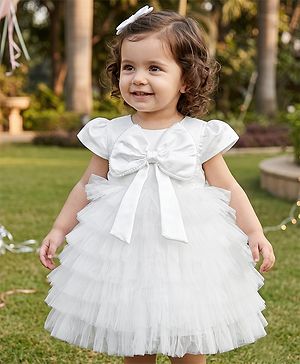 Babyhug Mesh Woven Sleeveless Fit and Flare Partywear Dress With Bow Applique - White