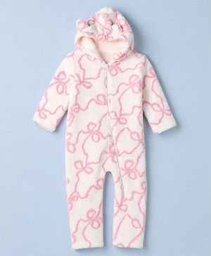Babyhug Fur Woven Full Sleeves Hooded Winter Wear Romper With Bow Design - Pink