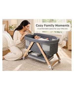 Babyhug Foldable Bassinet | Spacious & Comfortable Design| Breathable Mesh Sides for Ventellation | Sturdy & Stable Frame| Baby-Friendly Sleeping Space | Wheels with Lock - Grey