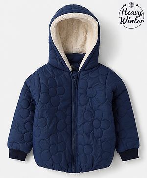 Babyhug Woven Full Sleeves Hooded Padded Winter Jacket - Navy Blue
