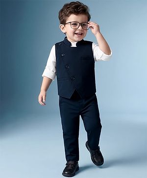Babyhug Knit Full Sleeves 3 Piece Party Suit - Navy Blue