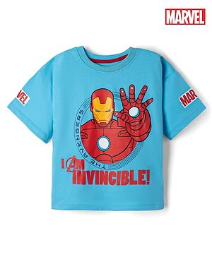 Pine Kids Marvel Cotton Single Jersey Knit T-Shirt with Half Sleeves and Avenger Graphics - Blue